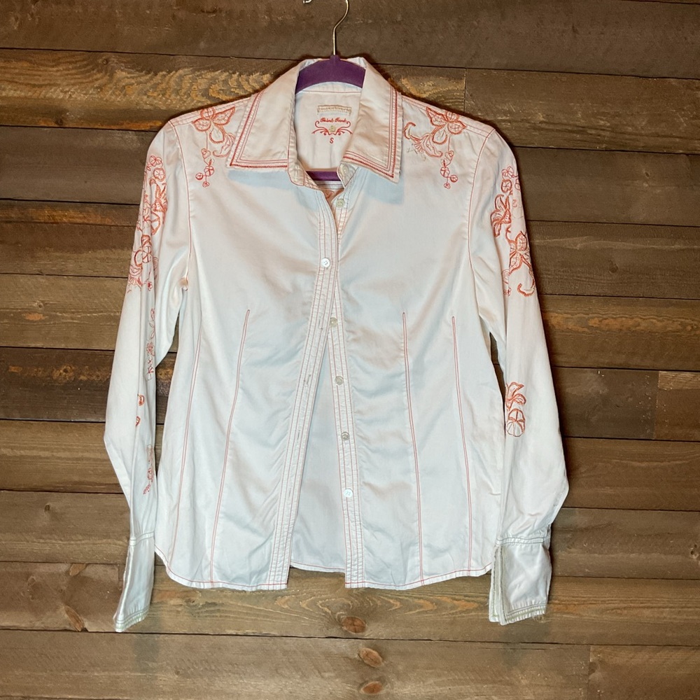 Think Tank White with Peach Embroidery Long Sleeve Button Up Shirt Size Small